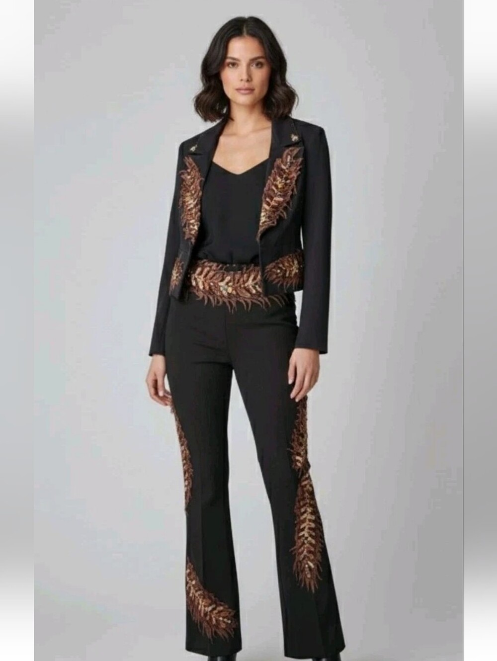 Alberto Makali Embellished Black Denim Piece 2 Pant Suit Western Boho